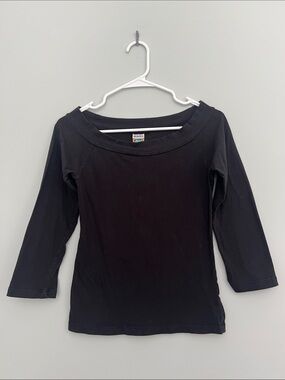 Vintage 90s Weavers Black Boat Neck 3/4 Sleeve Fitted Top Size XS/S